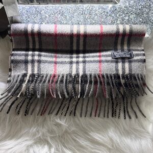 Burberry Grey Plaid Cashmere Scarf with red Stripes